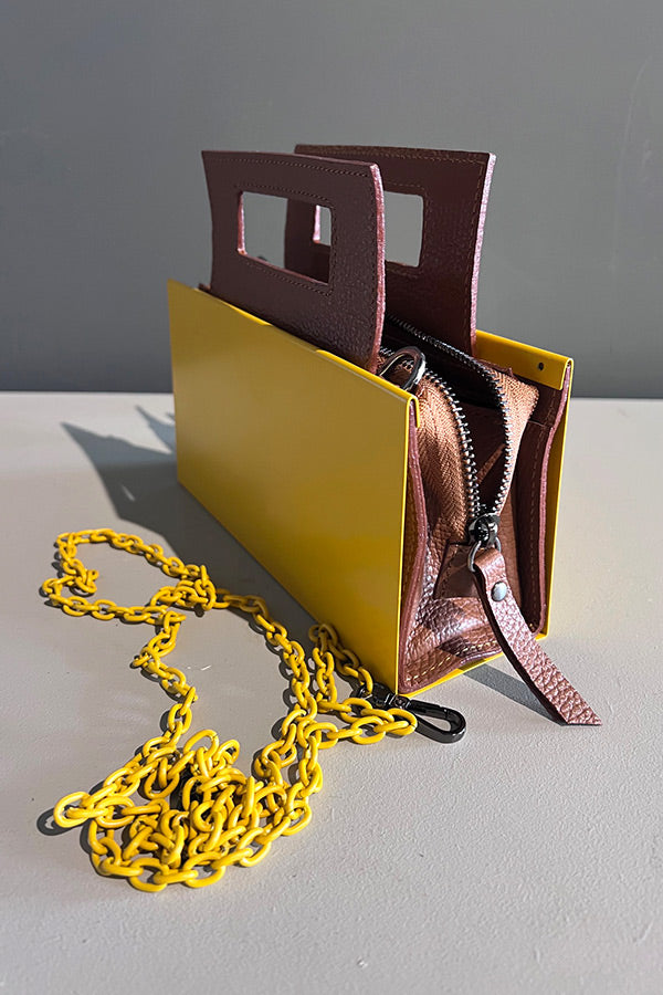 Character Yellow Square Architecture Metal & Leather Bag