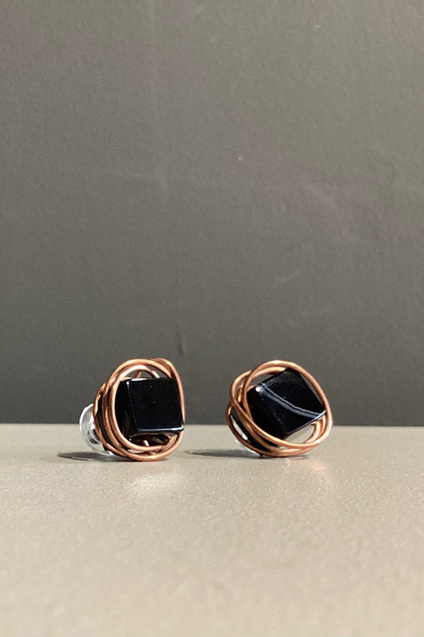 Marija Bajovska Copper Wire Earrings with Black Cube Polished Stone