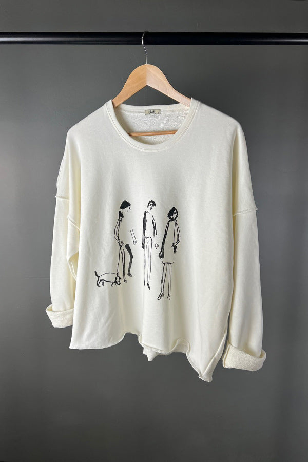 Tzusk Cropped Jumper in White with People Print