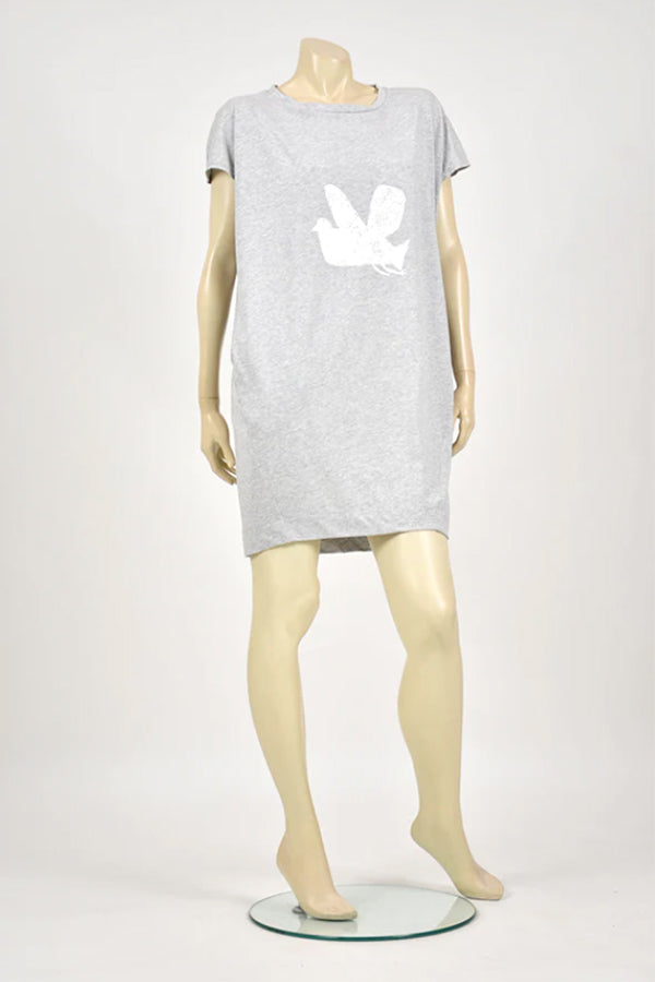 Tzusk White Bird on Grey Marle Pocket T-Shirt Dress