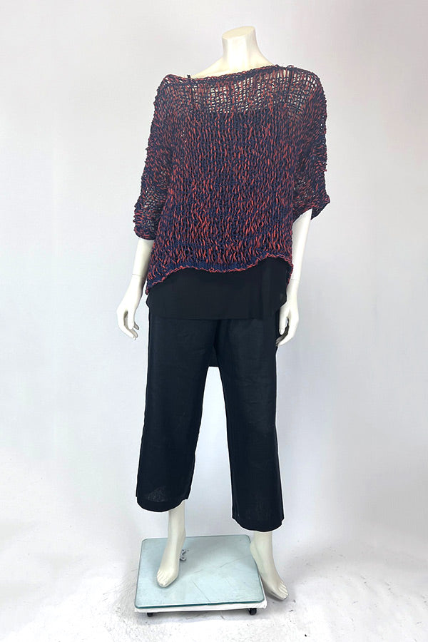 Amano Navy & Red Handloom Linen Tuxedo Top