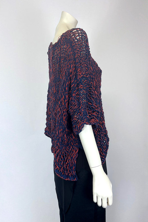 Amano Navy & Red Handloom Linen Tuxedo Top