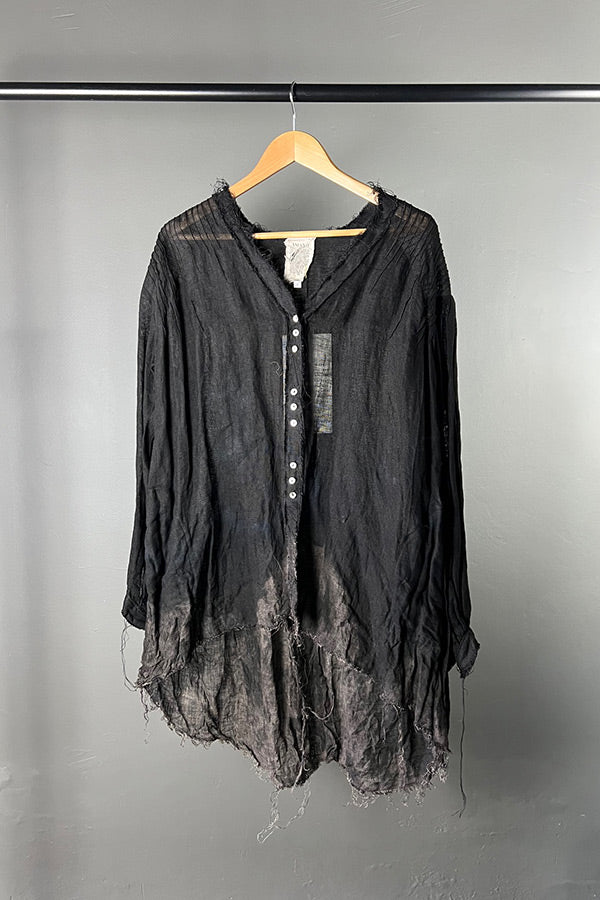 Amano Black Linen Gauze Pin Tuck Acid Dipped Shirt