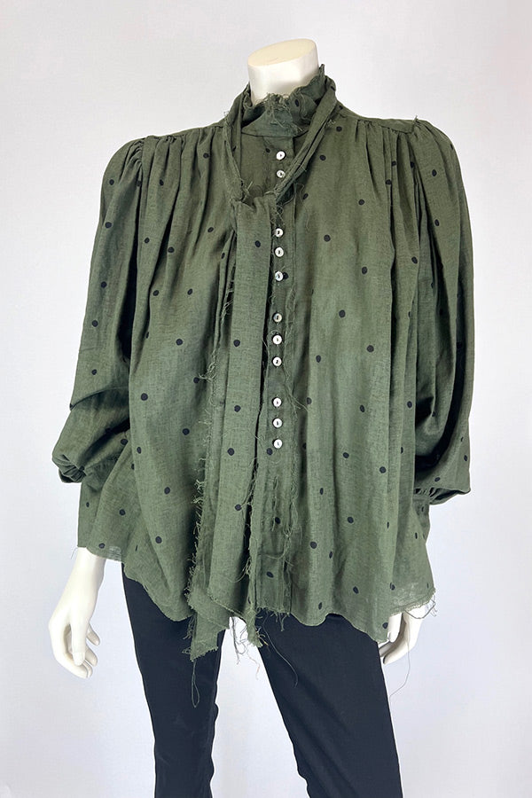 Amano Japanese Linen Blouse Khaki with Black Dots