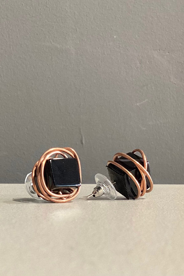 Marija Bajovska Copper Wire Earrings with Black Cube Polished Stone