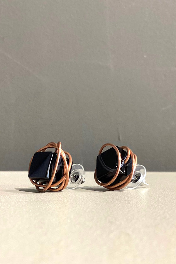 Marija Bajovska Copper Wire Earrings with Black Cube Polished Stone