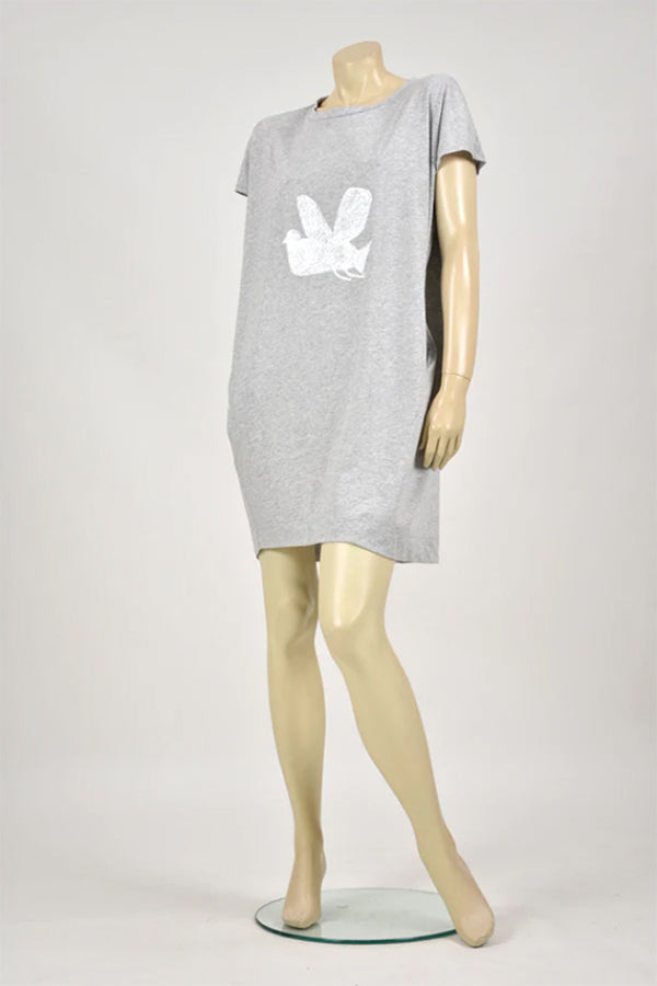 Tzusk White Bird on Grey Marle Pocket T-Shirt Dress